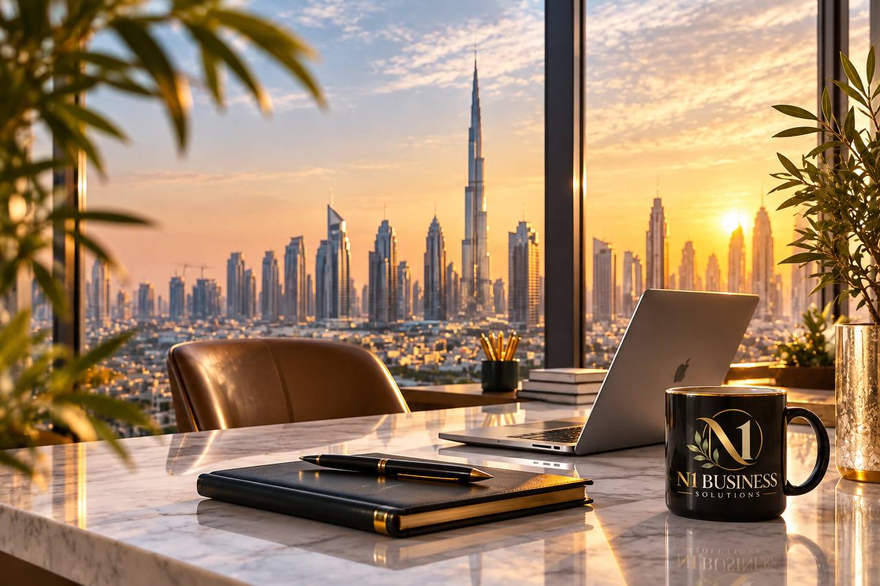 Business workspace overlooking Dubai skyline
